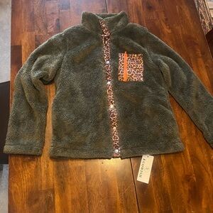 Green Fleece Sherpa womens Jacket with Leopard Accents